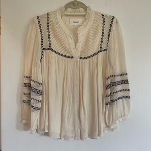 Ba&sh Cream and Black Pleated Blouse with Mandarin Collar